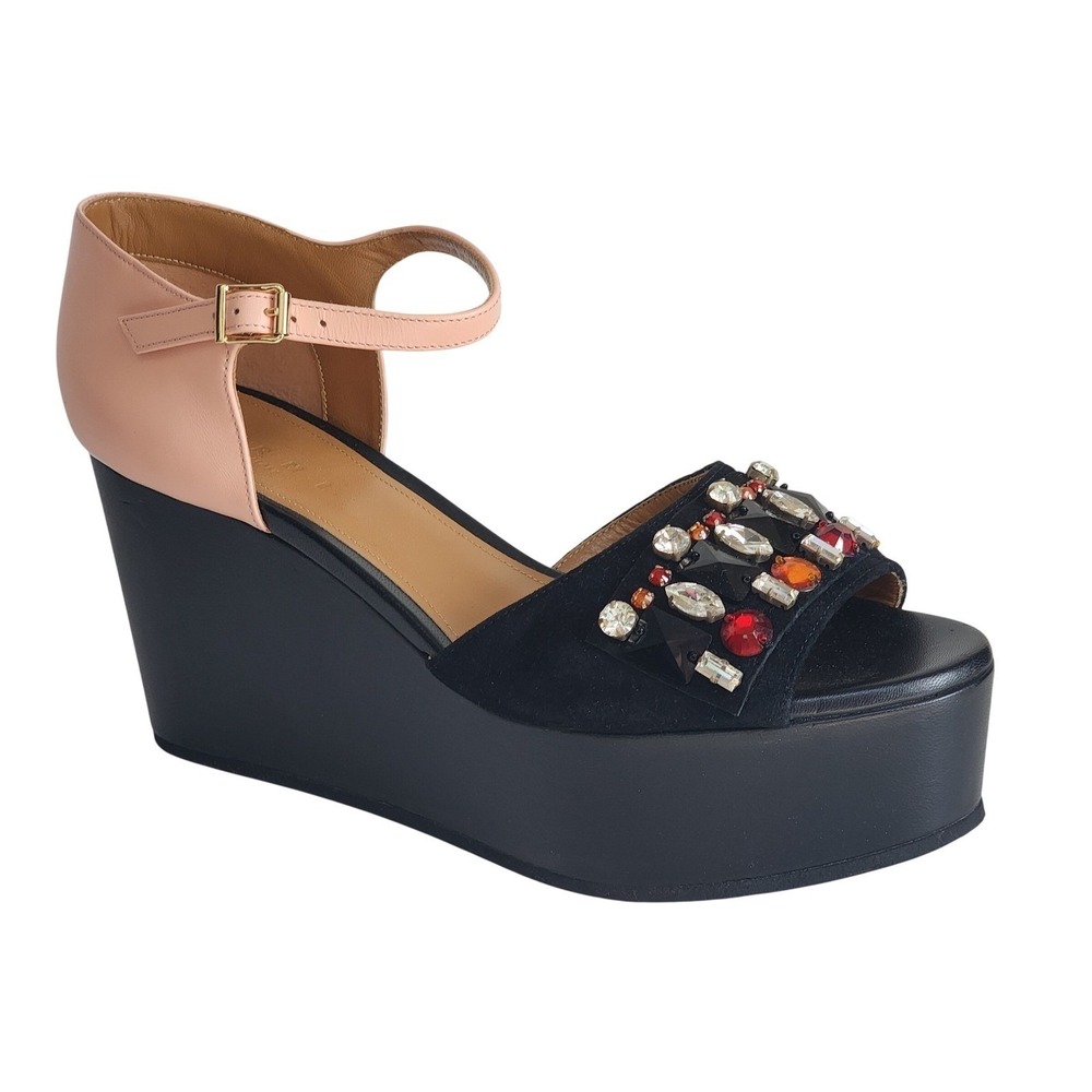 Marni Jeweled Suede Platform Wedge Sandals Black Pink Crystal Embellished NEW 40